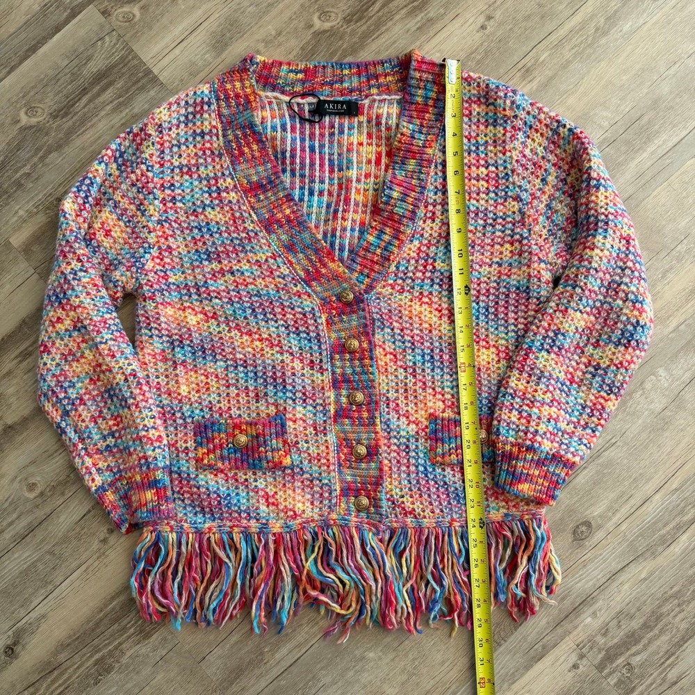 NWOT Akira Women's Rainbow Chunky Knit Fringe Cardigan Gold Button Multicolor L‎ - Picture 9 of 13